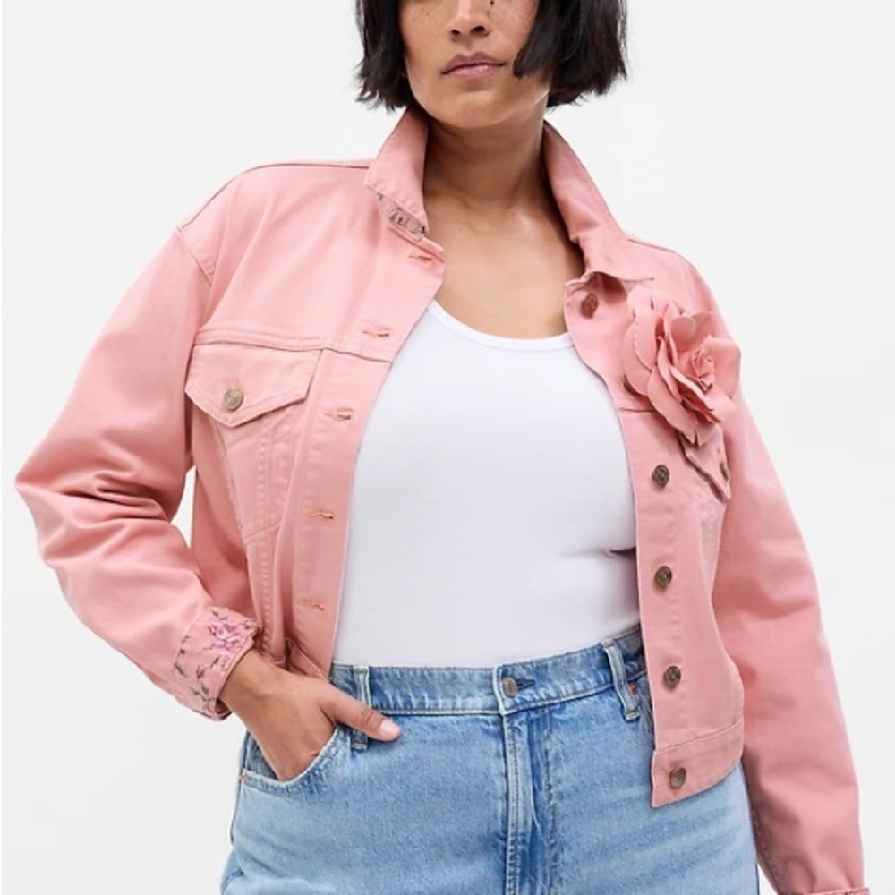 Gap and LoveShackFancy collab Blush Pink Jean Jacket with floral accents